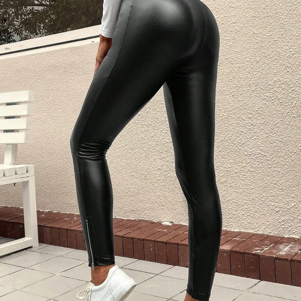 Black Casual Womens High Waist Zip Hem PU Leather Leggings